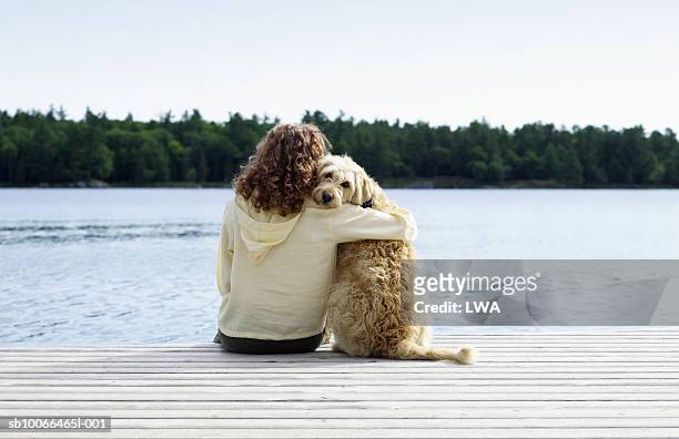 woman sitting with dog on jetty, rear view - animale domestico foto e immagini stock