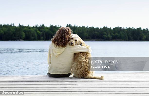 woman sitting with dog on jetty, rear view - females hugging stock pictures, royalty-free photos & images