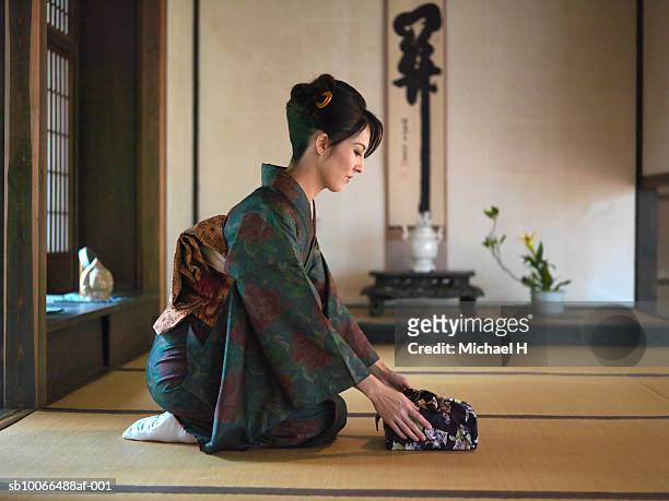 japan, kyoto, enko temple, woman in kimono presenting gift in temple - kakemono japonais photos et images de collection