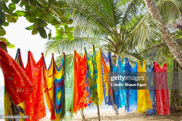 colourful sarongs hanging on clothesline on beach - tobago bildbanksfoton och bilder