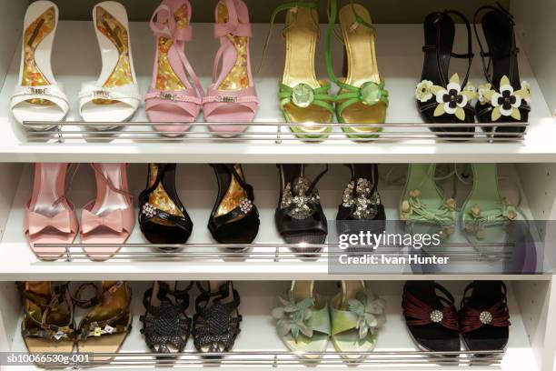 shoe rack with elegant woman sandals - shoes closet 個照片及圖片檔