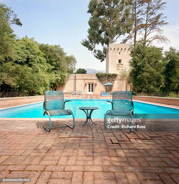 two chairs by swimming pool - goleta stock pictures, royalty-free photos & images