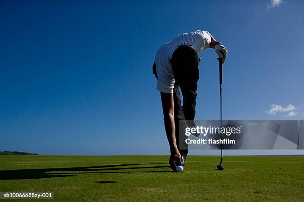 man positioning golf ball on golf course - bent golf club stock pictures, royalty-free photos & images