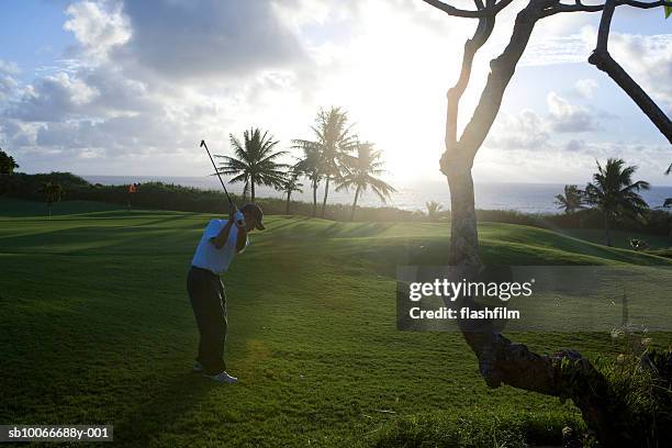 man on golf course playing golf at dawn - swing de golf bildbanksfoton och bilder