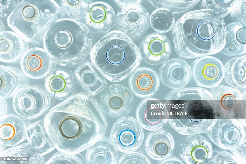 Overhead view of empty plastic bottles (full frame)