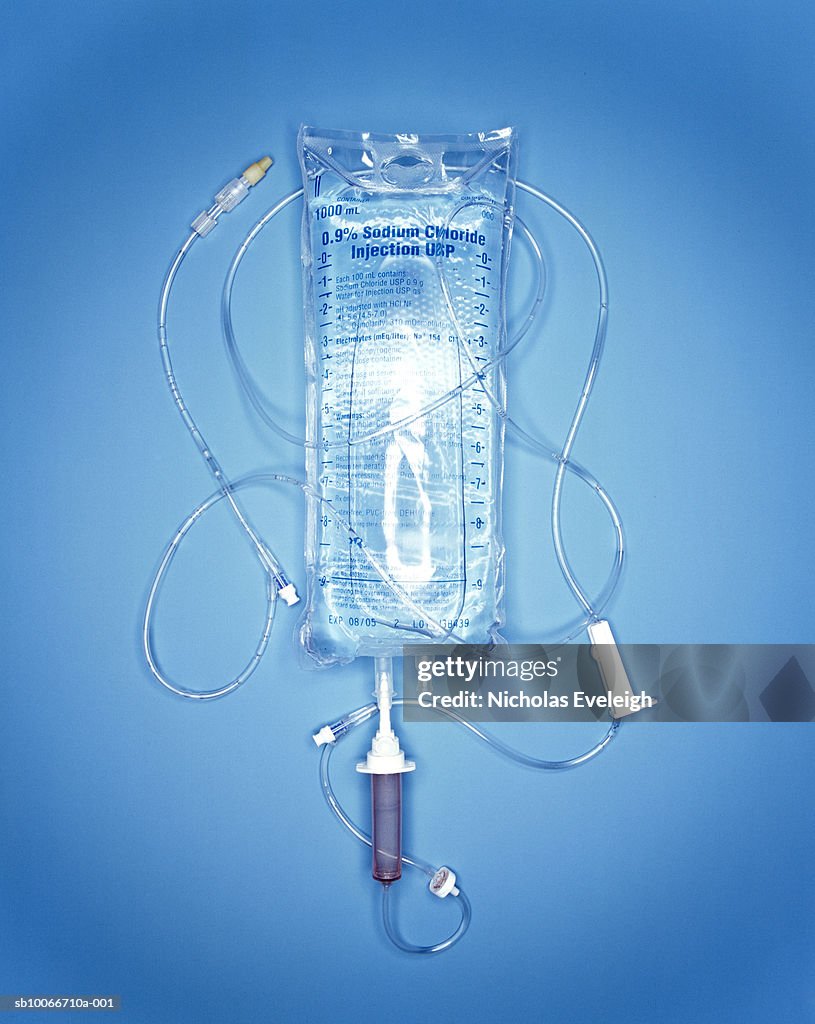 Sodium Chlorde injection bag and tubes, studio shot