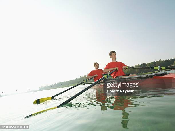 two teenage boys (16-17) rowing - boat rowing stock pictures, royalty-free photos & images