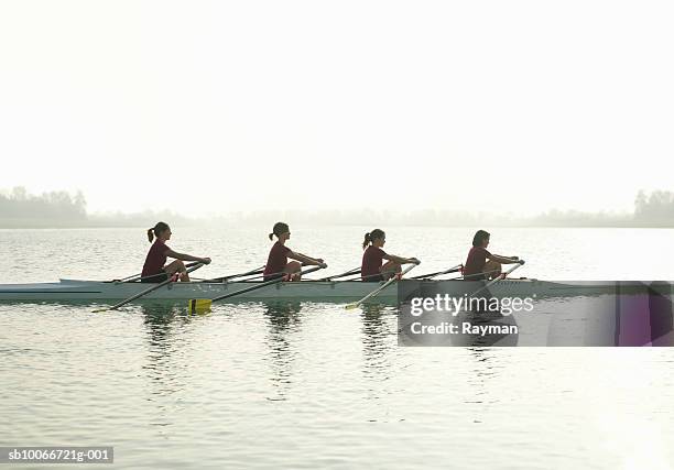 silhouette of four females rowing, side view - kayak barco de remos fotografías e imágenes de stock