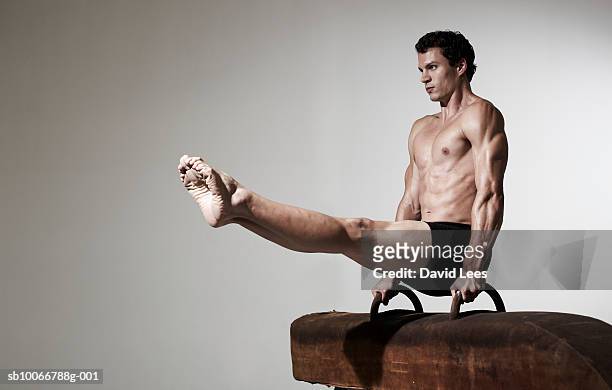 male athlete balancing on pommel horse, studio shot - cavallo a maniglie foto e immagini stock