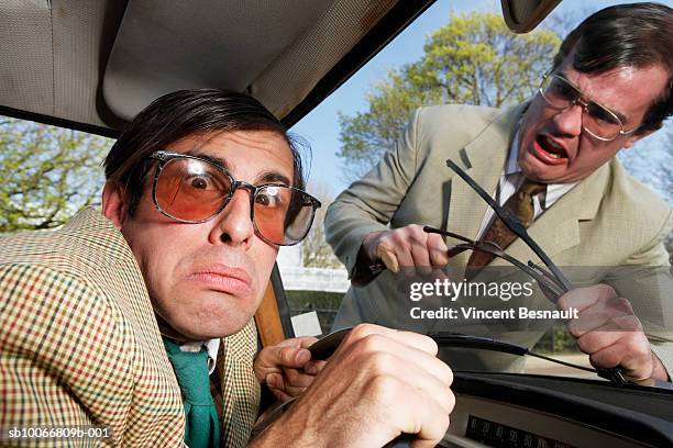 angry man breaking windscreen wiper, shouting - road rage stock pictures, royalty-free photos & images