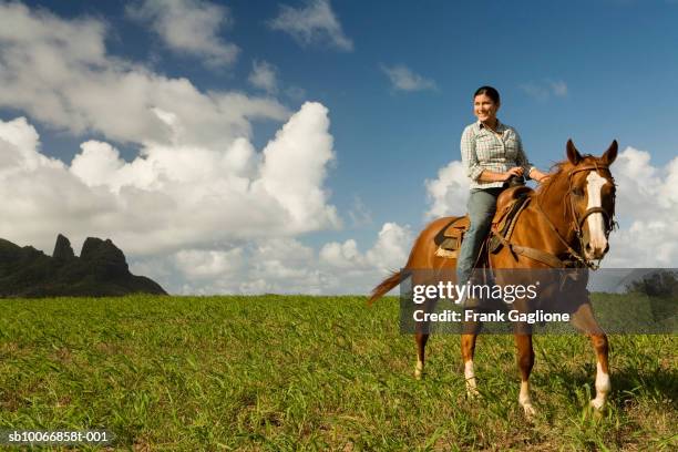 hawai, kauai, woman riding horse in field with king kong's profile in background - 1 woman 1 horse fotografías e imágenes de stock