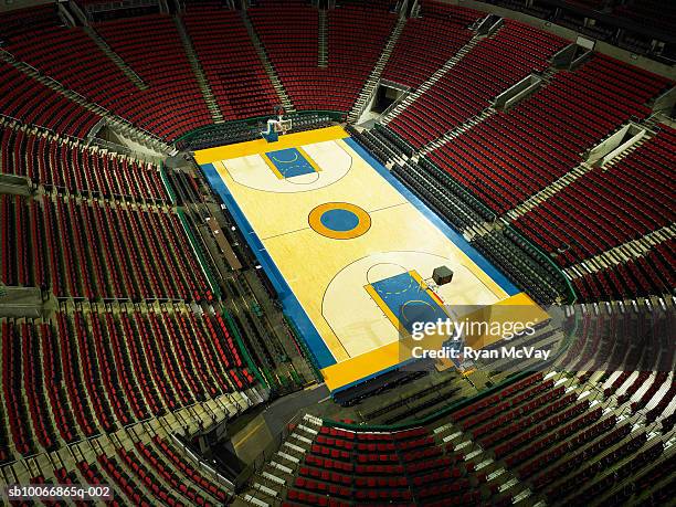 empty stadium, elevated view - basketball on court stock-fotos und bilder