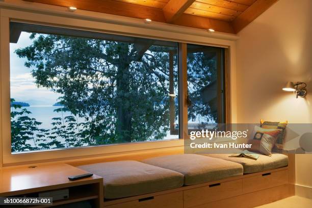 view of bay through cabin window - bay window interior stock pictures, royalty-free photos & images