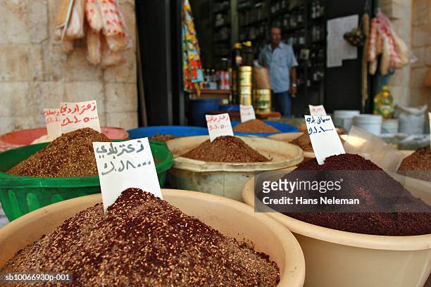 lebanon, beirut, spices for sale in market stall - lebanon stock pictures, royalty-free photos & images