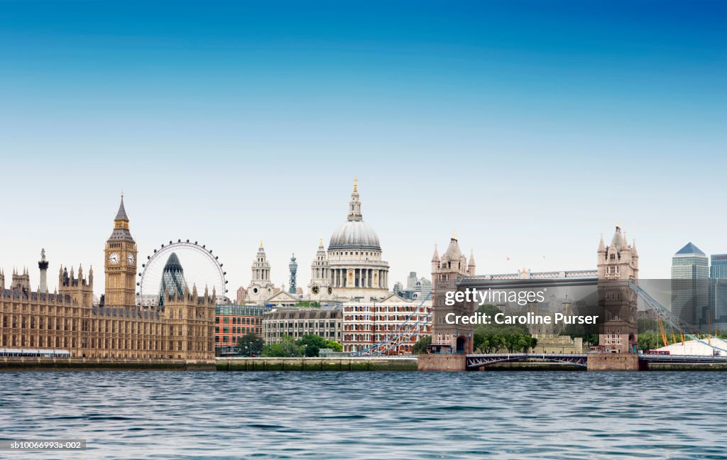 London montage against plain blue sky with River Thames in foreground