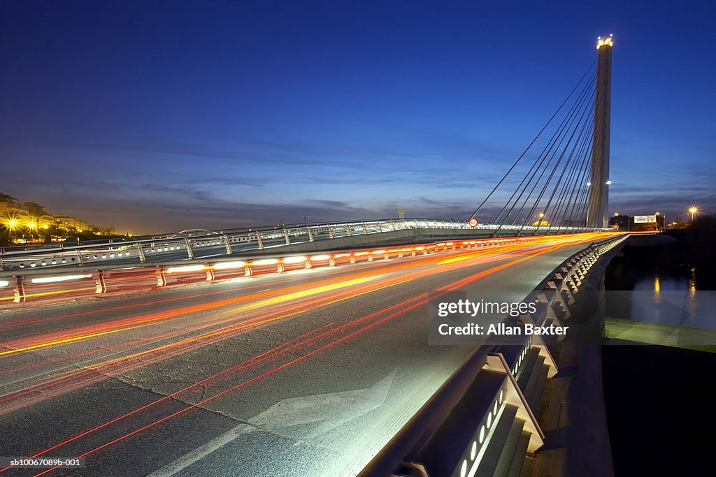 Spain, Seville, Alamillo bridge at dusk