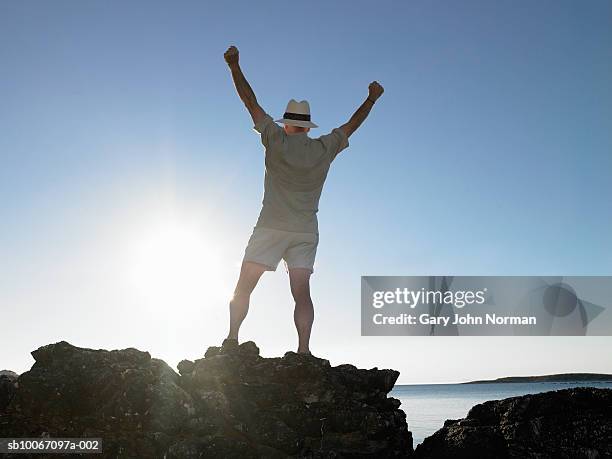 man standing on rocks with arms outstretched, rear view - vis fotografías e imágenes de stock