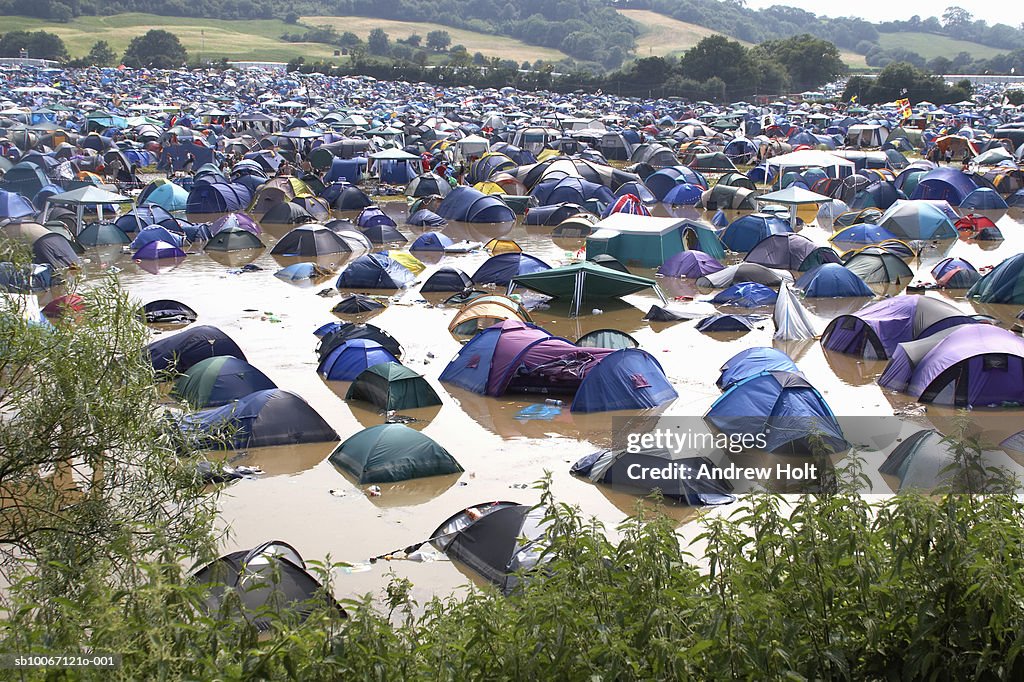 Pennard Hill Camping field with tents in flooding at Glastonbury Festival
