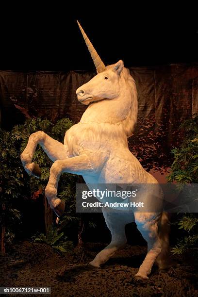 prancing model of unicorn standing on hind legs in exhibition - unicorn stock-fotos und bilder