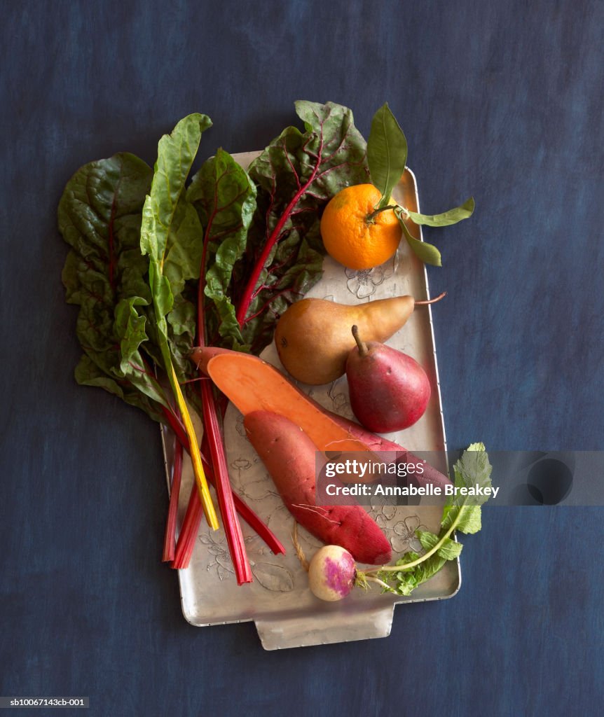 Still life of vegetables on tray