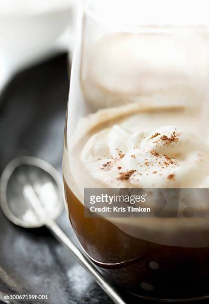 irish coffee with whipped cream and nutmeg, close-up - coffee drink on white stock pictures, royalty-free photos & images