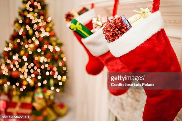 christmas stockings hanging, christmas tree in background, close-up - calza della befana foto e immagini stock