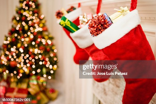 Christmas stockings hanging, Christmas tree in background, close-up Christmas stockings hanging, Christmas tree in background, close-up