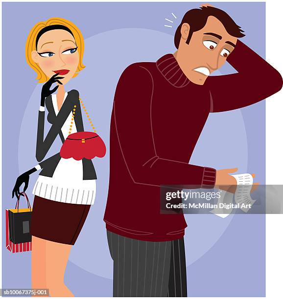 ilustrações de stock, clip art, desenhos animados e ícones de woman watching man checking shop receipt - cliente irritado