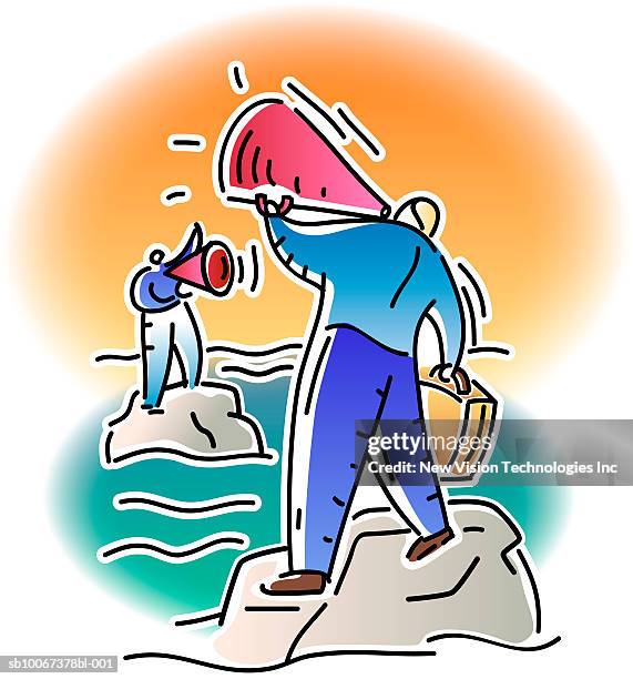 men on rocks in ocean shouting at each other with megaphones - man shouting outside stock illustrations