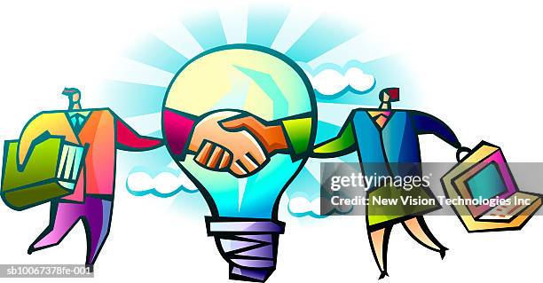 business people shaking hands through light bulb - selling books stock illustrations