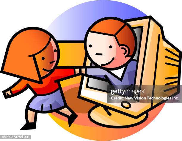 woman pulling man from computer screen - computer vision stock illustrations