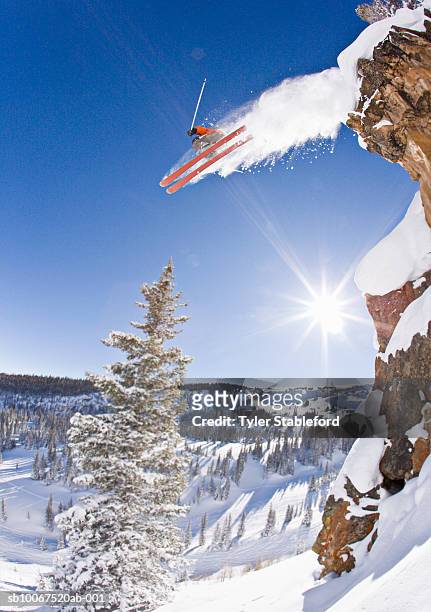freestyle skier jumping off cliff - extreme skiing photos et images de collection