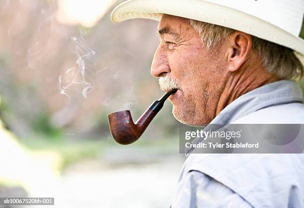 mature man smoking pipe outdoors, profile - pipe smoking pipe stock pictures, royalty-free photos & images