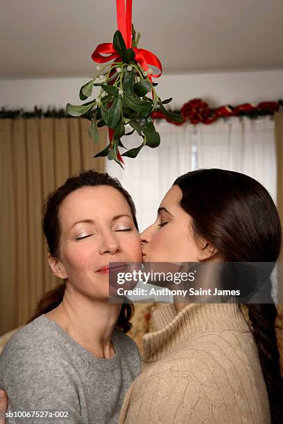 two women under mistletoe - anthony peck stock pictures, royalty-free photos & images