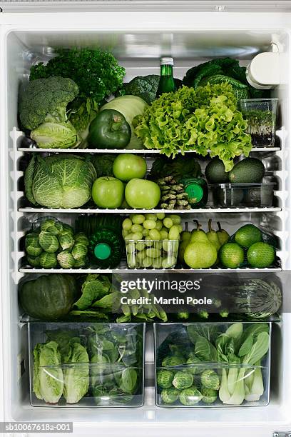 fidge filled up with green vegetables and fruit - green vegetables stock-fotos und bilder