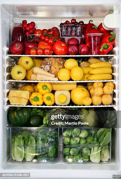 fidge filled up with vegetables and fruit sorted by colour - full fridge stockfoto's en -beelden