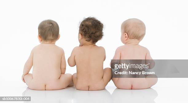three naked baby boys (6-11 months) sitting on white background, rear view - baby 3 months stock-fotos und bilder