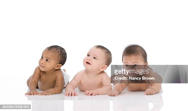 three baby boys (6-11 months) lying down on white background - baby 3 months stock-fotos und bilder
