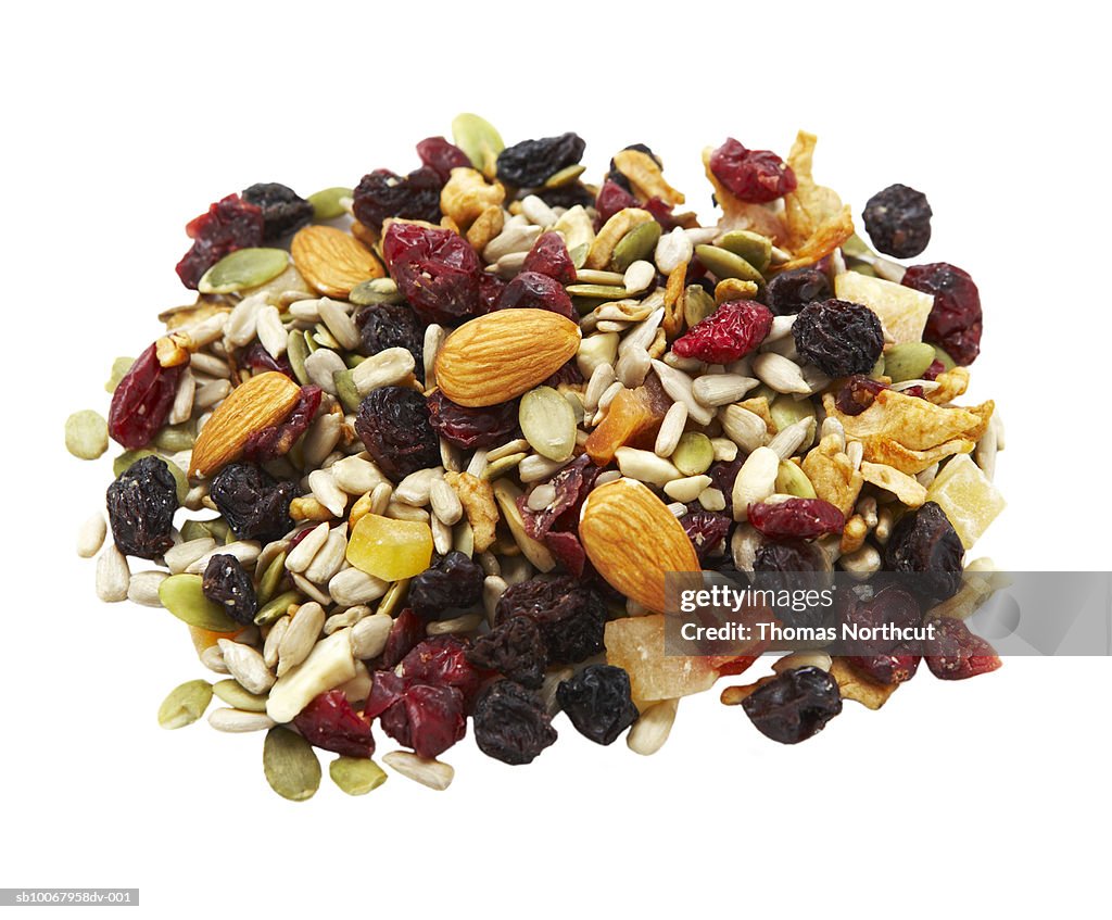 Heap of trail mix on white background