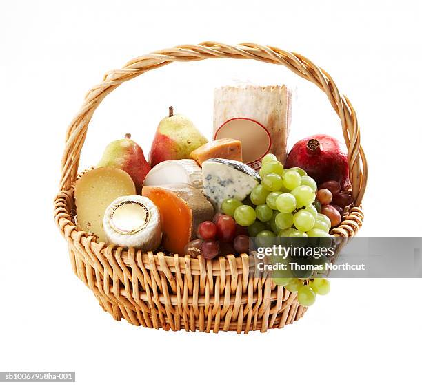 gift basket of fruit and cheese on white background - gourmet gift basket stock pictures, royalty-free photos & images