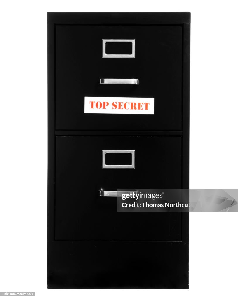 Filing cabinet saying 'top secret'