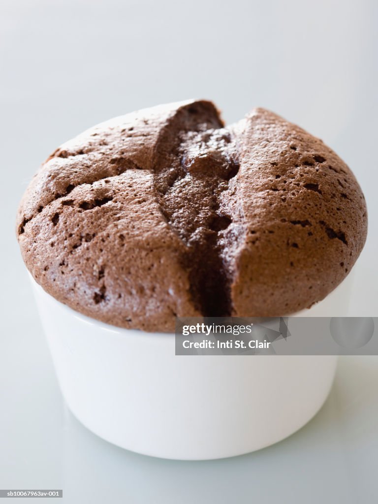 Chocolate lava cake, elevated view, studio shot