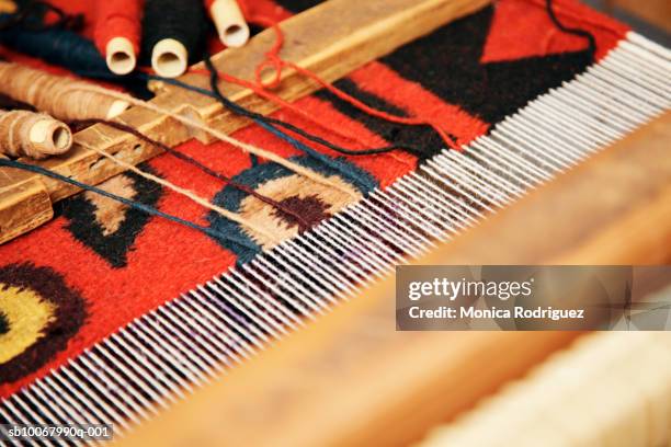 various threads on weaving loom, close up - mexican textile stock pictures, royalty-free photos & images