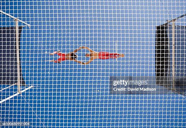 male trapeze artist catching man, low angle view - safety net stock pictures, royalty-free photos & images