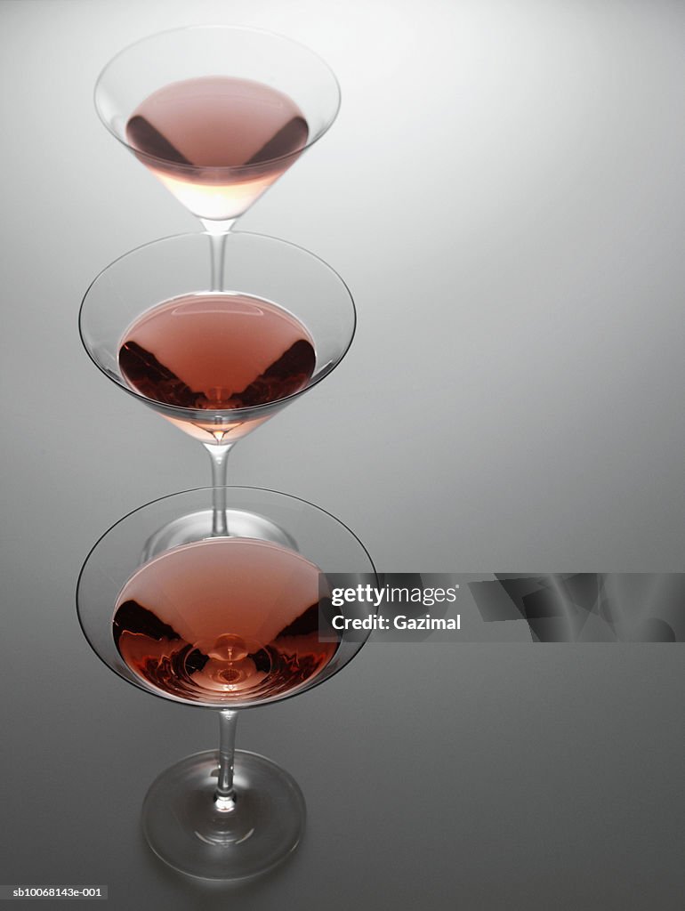 Three glasses of martini, close-up, elevated view