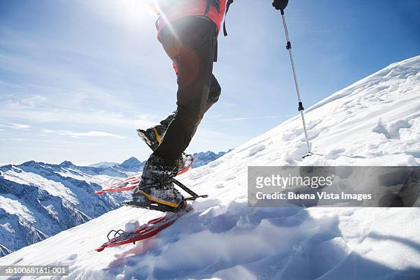 italy, piedmont, alps, man wearing snowshoes climbing mountain, low section - racchetta da neve attrezzatura sportiva foto e immagini stock