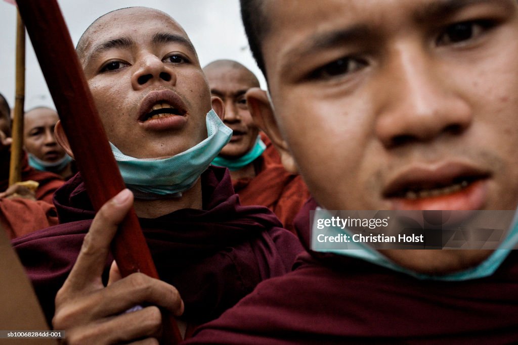Monks and protesters demonstrating at Pansodan Road, close-up