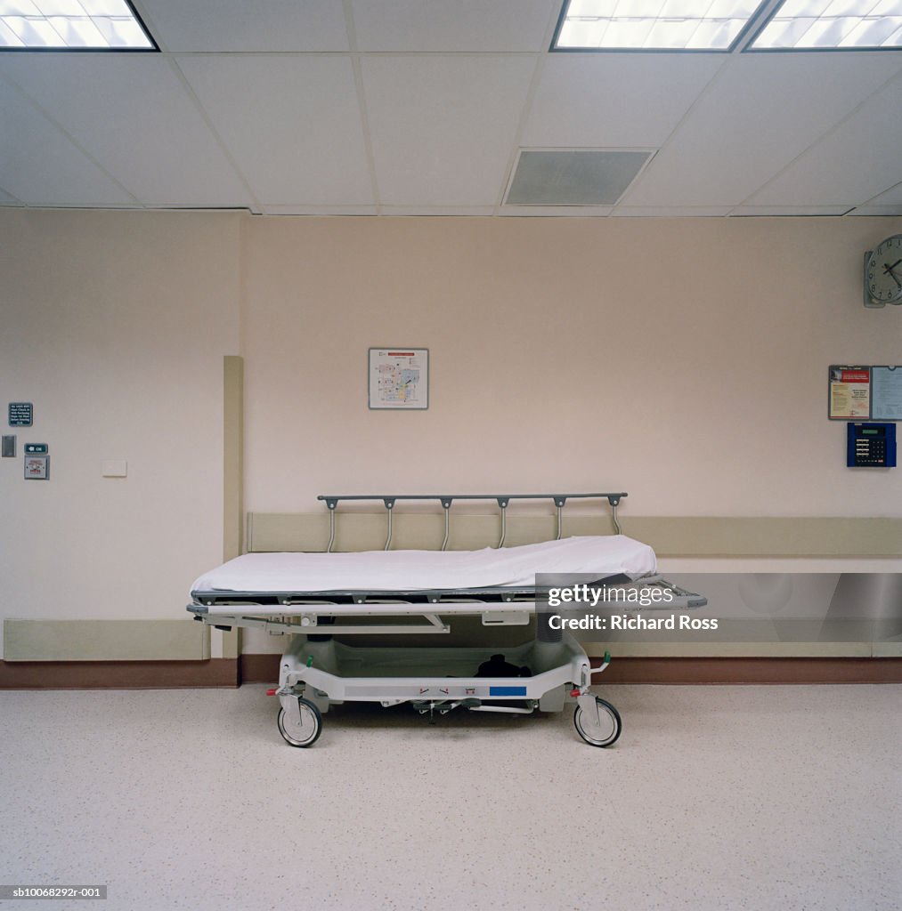 Gurney in hospital corridor