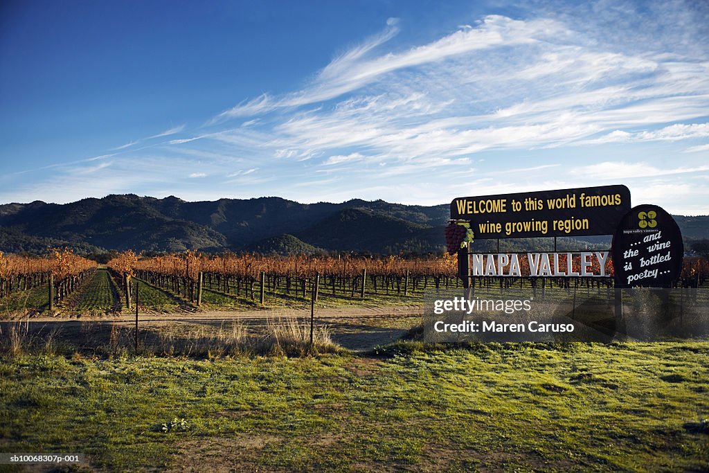USA, California, Napa, Welcome sign near vineyard
