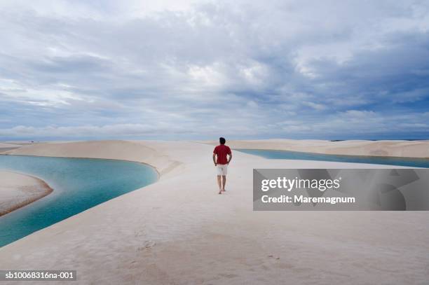 brasil, maranhao, lencois maranheinses national park, mid adult man at sand dune, rear view - lencois maranhenses national park - fotografias e filmes do acervo